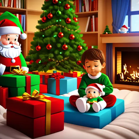 The one lying on the bed is a dummy boy-like stuffed animal, while the real boy is in the shape of a tree, watching Santa Claus place presents on it, Illustration style