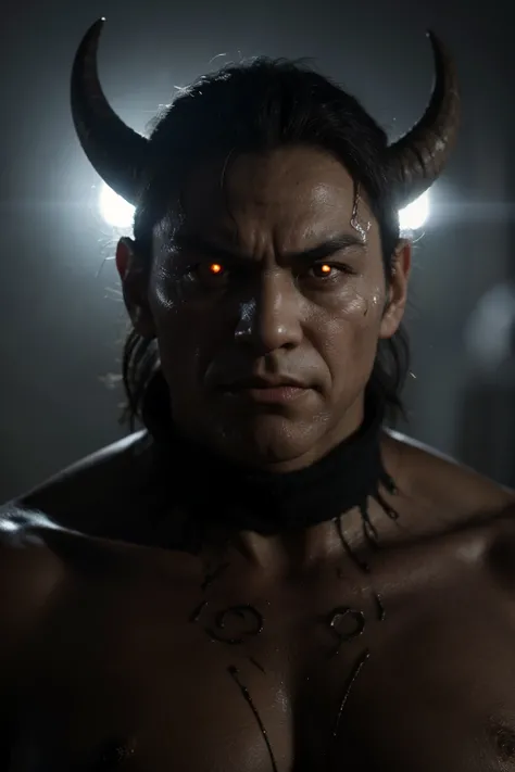 Jinpachi Mishimas monster form in Tekken is marked by his [otherworldly, demonic appearance] with [horns] and [glowing eyes], reflecting the transformative and formidable nature of this version in the game.