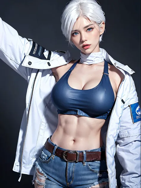 high quality, 8K ,((realistic)), medium breasts, tall, close-up, korean woman, ((short back hair)), (((white hair))), (abs visible), (muscle), ((muscle abs)), (((blue eyes))), (( ((dark flight jacket)), white top, high neck, sleeveless, crop top, ((underbo...