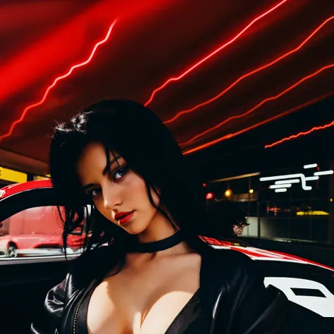 Dark haired woman, beautiful, pretty, I’m a race car with 8bit hearts, driving in a black and red lightning storm, 90s anime art style, black shadows, black background, serious