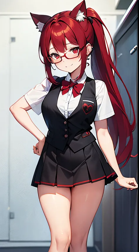 Red hair, Red Eyes, Ponytail, Short sleeves, Black vest, Miniskirt, lowfers, Cat ears, Heart Earrings, School uniform,  Gal, Sexy face,Red round glasses,