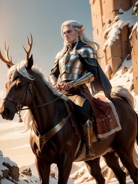 Elf cavalry riding an elk，handsome man，Male elf，solo person,only one person，Wearing armor，full body，riding on an elk，an elk,centre，Hold a spear，Shoulder blades，shelmet，longspear，Long white hair, Illustration concept art, Great character design, rpg concept...