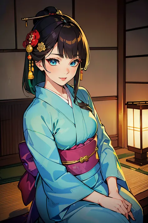 (high-quality, breathtaking),(expressive eyes, perfect face) (((yukata, sexy lips)), 1girl, female, solo, young adult, brown hair, green streaks, blue coloured eyes, gentle smile, medium length hair, loose hair, side bangs, japanese clothing, elegant, soft...