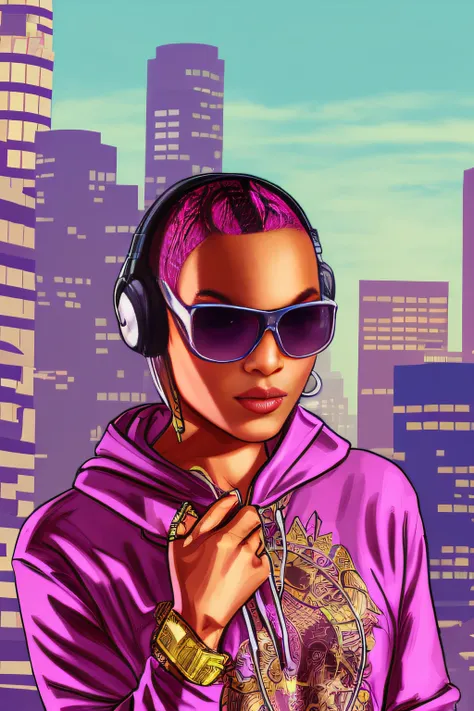 gta style, cyberpunk girl, city, wearing a hoodie with intricate embroidery, headphones, (pink to orange gradient sky), (masutep...