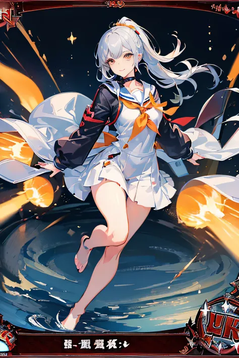 (Trading Card Game Frames:1.7),Cybernetic arm and glowing cyber girl,(J Womens Uniform,a sailor suit,White skirt,),Intense body movements,Add a motion blur effect to simulate motion,Stand on the streets of a desolate battlefield.Surrounded by a network of ...