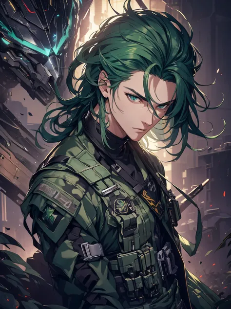 1man, handsome, mid 20s, wild green hair, wearing combat suit, masterpiece, 4k, top quality, highly detailed, official art