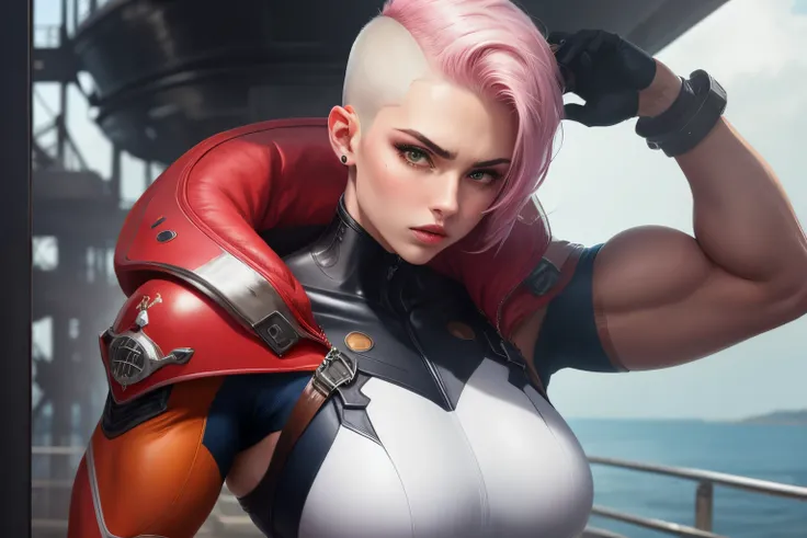 Cyborg suit leather white and red and yellow suit goddess girl, suit full coverage, pink buzz cut hair, white buzz cut right part hair, Russian face, muscular neck, soull face, powerful, Russian girl face, titanic size