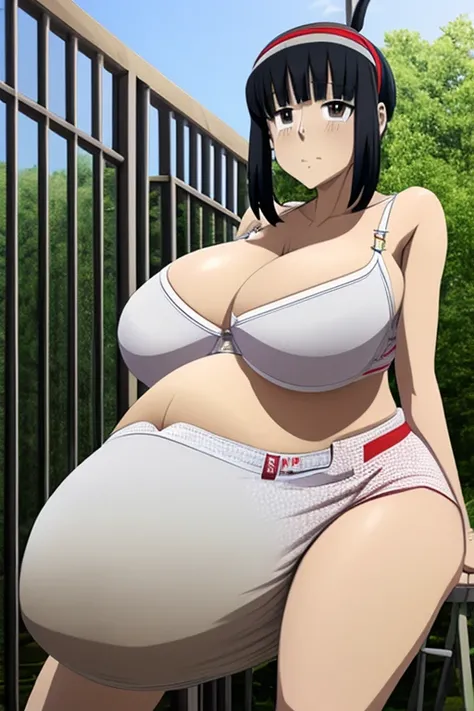 Anime woman enormous bloated expanding diaper mess, huge breast, huge pregnant belly, orgasm face, butt toward viewer, white bra