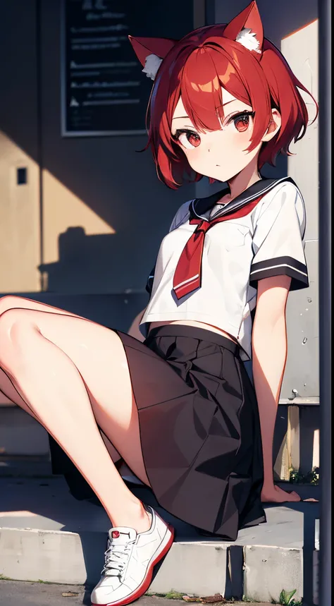 boyish, Red hair, Red Eyes, Short sleeves, School uniform, Short hair, Cat ears on a sporty body, bullish expression