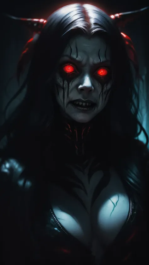 a terrifying mental image of a female figure of pure evil, immersed in a hideous, hellish environment, appearance with grotesque features and sinister deformities that evoke instant horror, glowing eyes, contorted skin, dark attire that exude an evil aura,...