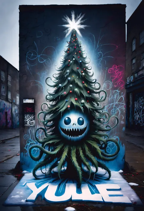 3dxmasurbanart, a three dimensional piece of christmas street art "yule" (creepy) written on the ground by stephen gammell, pict...