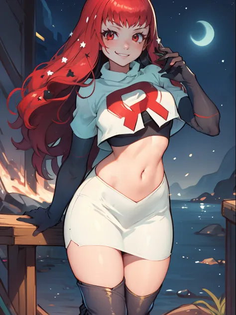 yunakastar hair ornament, team rocket uniform, red letter R, white skirt,white crop top,black thigh-high boots, black elbow gloves, evil smile, looking at viewer, cowboy shot, sexy pose, night sky background