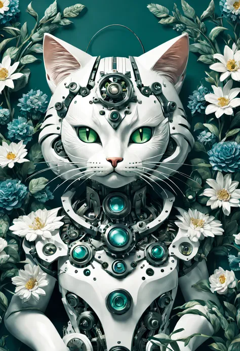 Mechanical cats，真实感，anthropomorphic cat，Role setting，Contemptuous expression。Ultra-detailed graphics，delicated face，8K，MagazineCover，Floral background decoration，intense color contrast，deep colour，Blue-green-white tones