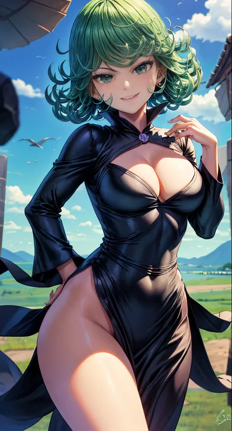 (masterpiece, best quality:1.2), cowboy shot, solo, 1girl, tatsumaki, lustful smile, closed mouth, looking at the viewer, ass, wide hips, black dress, night sky, clouds, erotica