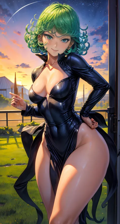 (masterpiece, best quality:1.2), cowboy shot, solo, 1girl, tatsumaki, lustful smile, closed mouth, looking at the viewer, ass, wide hips, black dress, night sky, clouds, erotica