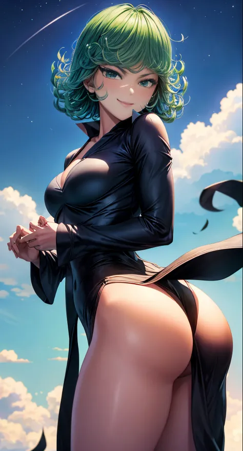 (masterpiece, best quality:1.2), cowboy shot, solo, 1girl, tatsumaki, lustful smile, closed mouth, looking at the viewer, ass, wide hips, black dress, night sky, clouds, erotica