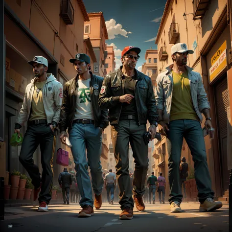 Image of a group of Moroccan men walking down a street in Marrakech, les mains dans les poches, Dressed as Super Mario , 2D Game Art GTA Cover, 2 D Game Art GTA Cover, Style artistique GTA, Grand Theft Auto Style, Style artistique GTA, Style de GTA V, 2D G...