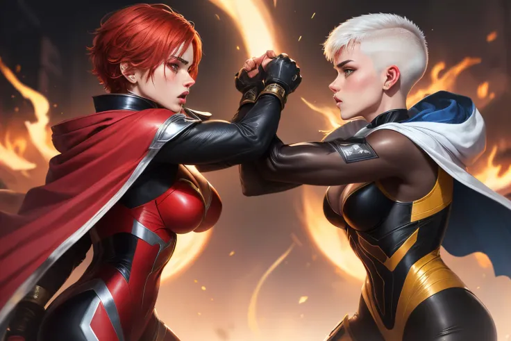 Cyborg suit leather white and red and yellow suit goddess girl, suit full coverage, platinum white buzz cut hair, red hair buzz cut right part hair, Russian face, muscular, soull face, powerful, Russian girl face, small black Cape, fight a dragon