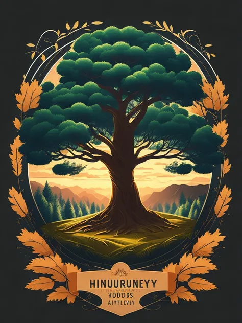 an oak tree in a woods landscape, tshirt design, rzminjourney, vector-art