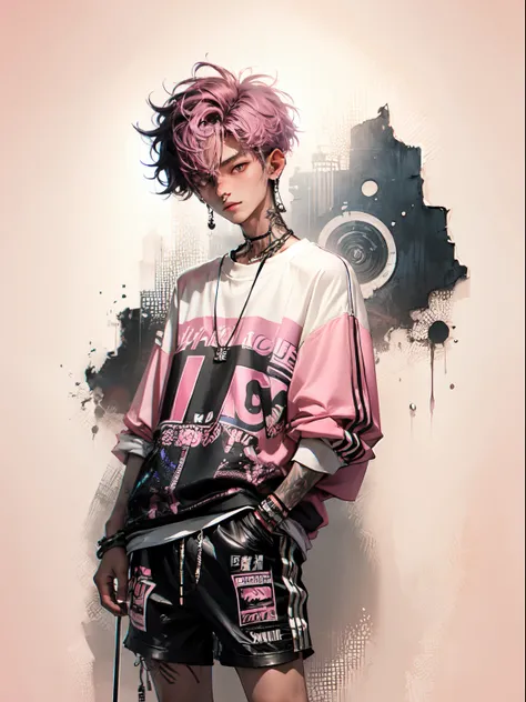 kpop young age boy with fade cut dark pink hair with white earring on his right ear, open jacket with dark blue shirts, cute smile, black ripped shorts and a large belt-buckle, paint background, popstar, has messy pink emo hairstyle. He has a normal Putt P...