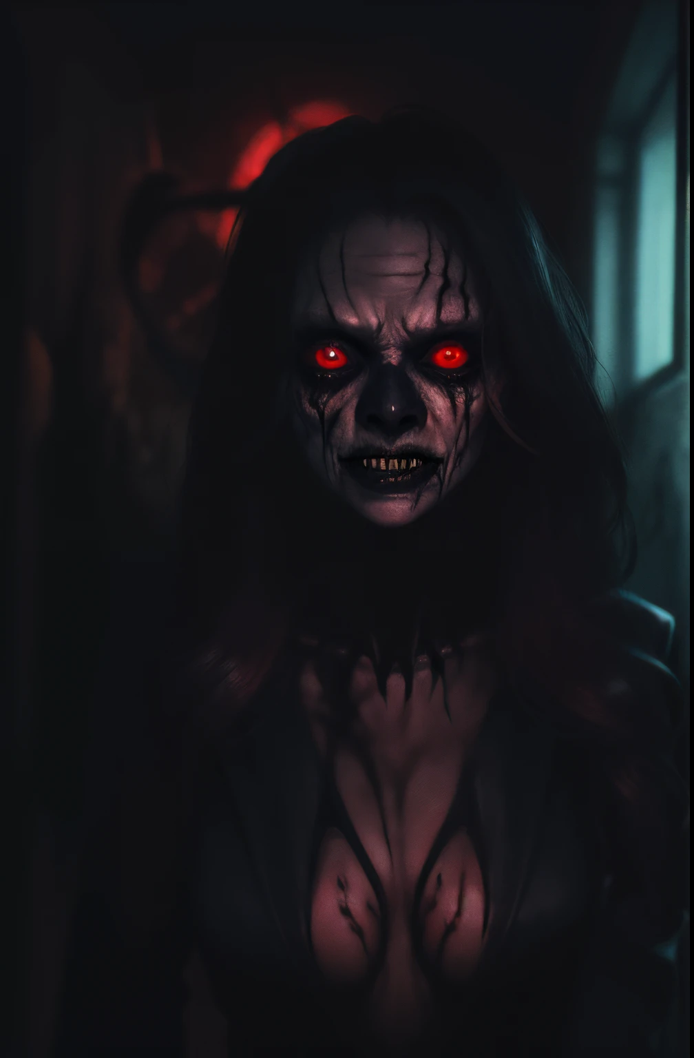 a terrifying mental image of a female figure of pure evil, immersed in a hideous, hellish environment, appearance with grotesque features and sinister deformities that evoke instant horror, glowing eyes, contorted skin, dark attire that exude an evil aura,...