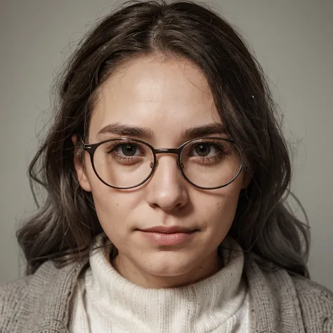 Woman, pale, gray hair, brown curly hair, dark circles under eyes, gray eyes, glasses, sweater, aged 30-35. Wrinkles