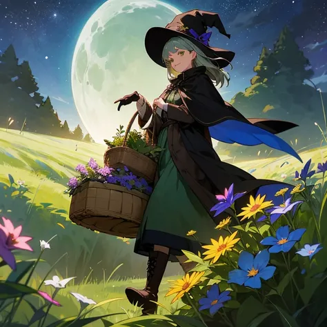 Farbe々A witch around 25 years old carrying a large basket containing various kinds of herbs......　A slight smil　Black cloak　Dark brown long boots　Green eyes　 Meadow at night　starrysky　buddy black cat　Flowers shining faintly on the ground々