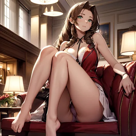 (top-quality,High resolution, (超A high resolution,in 8K),masutepiece:1.2), (Angle from below), (Perfect Anatomy,Anatomically accurate), (Soft lighting, 光线追踪), (((Open legs sitting on a sofa in the lobby of a luxury hotel))), ((Aerith Gainsborough lookalike...