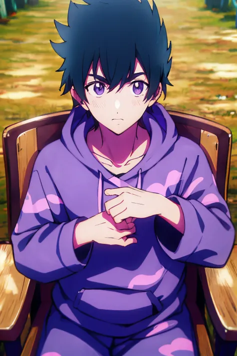 Guy sitting straight on chair, Anime styled, Black hoodie with purple print, Black hair, looking straight, giving news reporter pose