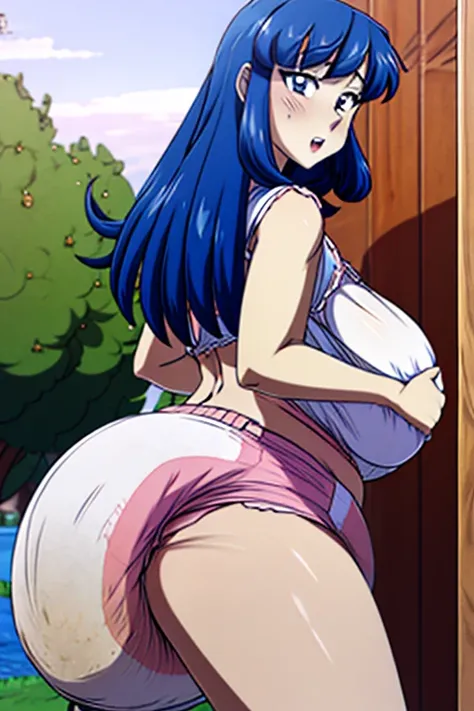 Anime woman enormous bloated expanding diaper mess, huge breast, orgasm expression, butt toward viewer, white bra, grabbing huge butt