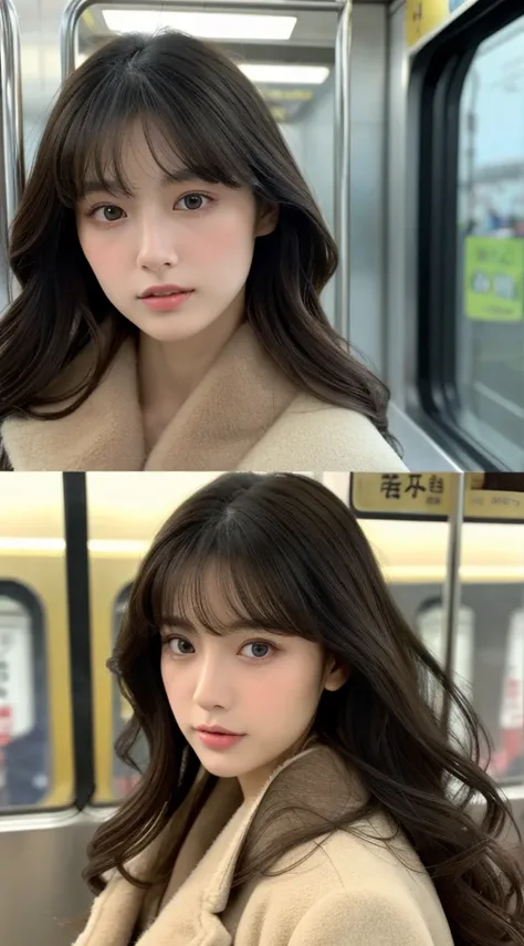 Top image quality、​masterpiece、Beautuful Women、japanes、25-years old、On the train、（masuter piece：1.3）、（in 8K、Photorealsitic、Raw photography、top-quality：1.4）、（1girl in）、beautiful expression、（Lifelike face）、（A dark-haired、Realistic eyes beautiful details、（rea...