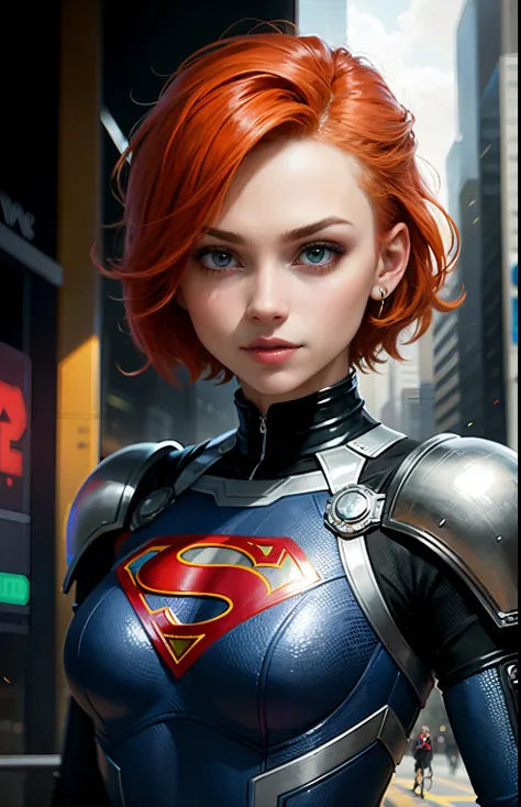 Gwen Tennyson,1girl,ensolarado,fechar para cima,CIDADE CYBERPUNK,nave espacial,steel armor, Supergirl sensual suit, short hair, brincos de prata,segurando um blaster, goth makeup,olhos verdes,orange hair,Destaques do cabelo roxo,Shy smile, Sardas,redhead,B...