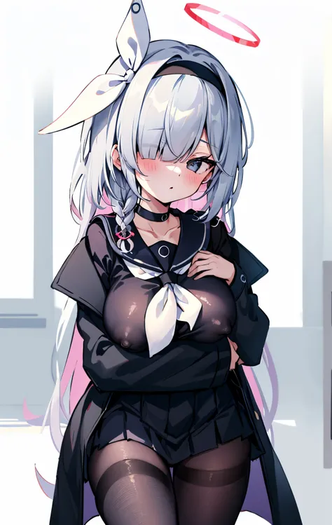 (best quality, masterpiece:1.2),
a girl,
alone,
aureole, 
hair covering one eye,
headband,
halo, 
black collar,
collar, 
school uniform,
braided,
long hair,
Sailor collar,
pleated skirt,
bangs,
ribbon,
long sleeves,
scarf,
clavicle,
black headband,
white s...