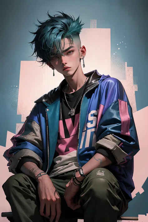 kpop young age boy with fade cut blue skin and green hair, blue eyes, open purple jacket with dark blue shirts ,wears a brown leather jacket with a white and dark-brown spotted fur collar, green pants that go down to his knees and signature green skiing go...