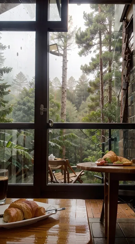 From the first-person perspective, only the leg is visible from under the table. breakfast, single croissant and coffee on the table, a slightly rainy street with a view of the forest outside from the pine trees