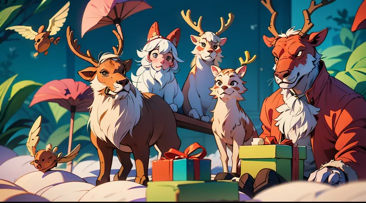 best quality, 4k, ethreal, christmas atmosphere, santa claus with gifts and reindeers, anime effects --auto --s2