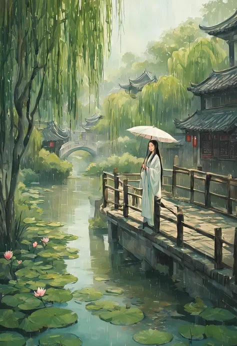 ancient china, morning Jiangnan old town, china old town with houses, river flow through the town, willow trees on river banks, china ancient houses, an ancient-style bridge across the river, 1 girl standing on the bridge seeing the river with long hair we...