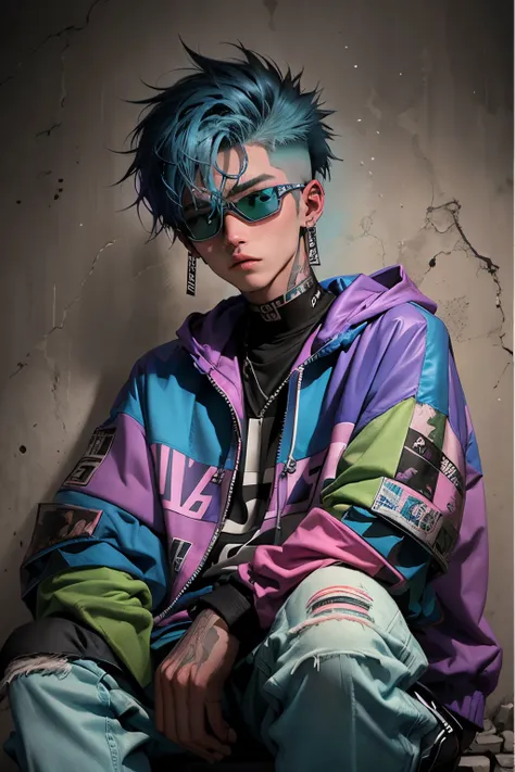 kpop young age boy with fade cut blue skin and green hair with signature green skiing goggles in top hair with a pink lenses, blue eyes, open purple jacket with dark blue shirts ,wears a brown leather jacket with a white and dark-brown spotted fur collar, ...