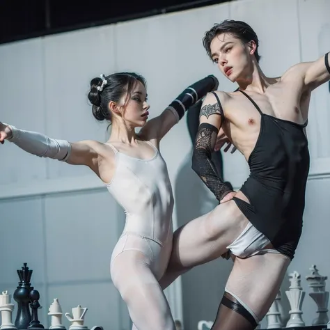 (8k, photo, best quality, masterpiece, erotic, homoerotic, beautiful eyes, claws, ballet tights, crotch bulge, ballet style:1.35), (2 androgynous males, dancers as chess figures, white pawn takes black king, chess ballet:1.5)