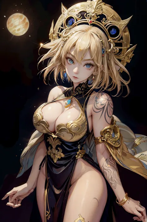 Anime girl with short blond hair and gold jewelry in front of black background, onmyoji detailed art, anime goddess, portrait onmyoji, Onmyoji, the goddess artemis smirking, goddess of the moon, intricate gorgeous anime CGI style, Beautiful fantasy empress...