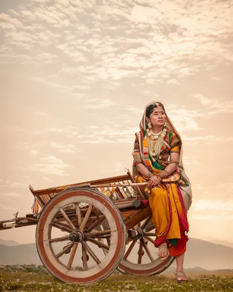 Ultra 8k, realistic painting, woman sitting on a colorful cart in a field with a mountain in the background, traditional beauty, traditional photography, photo taken with nikon d750, photo taken with nikon d 7 5 0, portrait shot, wearing bihu dress mekhela...