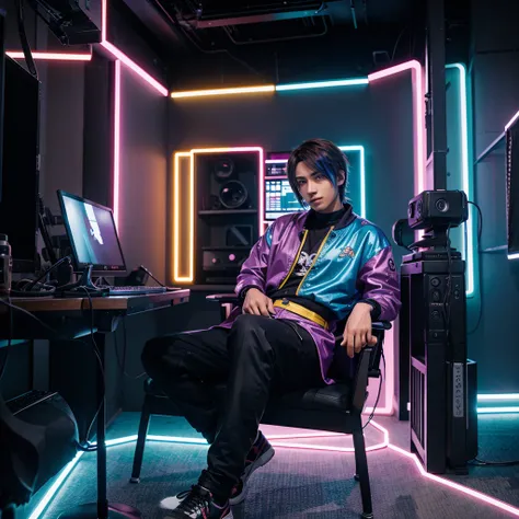 A male  anime character wearing a colourful cyberpunk in a studio ready to talk, facing center and portrait to the camera. Sitting on a chair using a computer. Sitting on a chair with a table in front of him