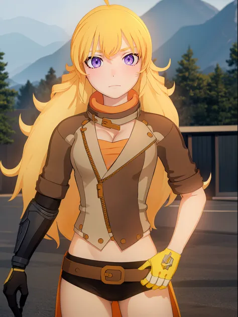 yangxiaolong, yang xiao long, long hair, blonde hair, (purple eyes:1.1), ahoge, bangs,
BREAK cleavage, jacket, belt, mechanical arms, single mechanical arm, prosthesis, prosthetic arm,
BREAK outdoors,
BREAK looking at viewer, (cowboy shot:1.5),
BREAK (mast...