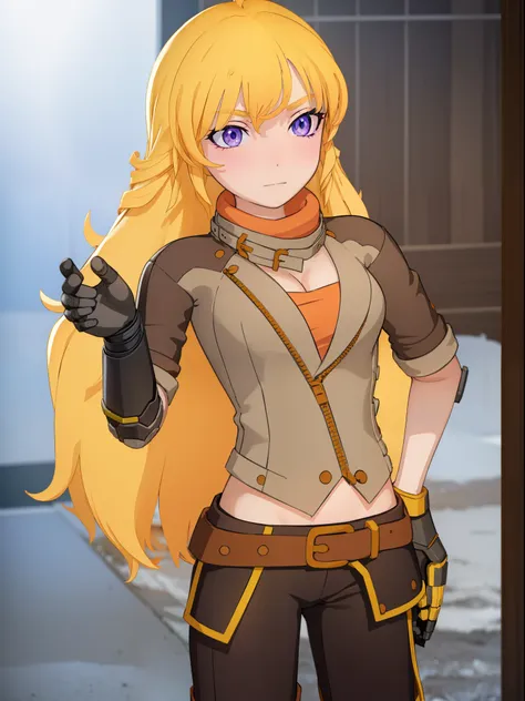 yangxiaolong, yang xiao long, long hair, blonde hair, (purple eyes:1.1), ahoge, bangs,
break cleavage, jacket, belt, mechanical ...