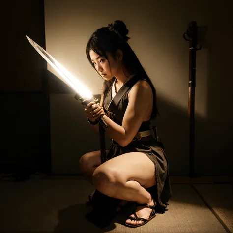 Japanese samurai girl, on one knee in the dark, carry a samurai sword on right shoulder, left knee touch to ground, spot light