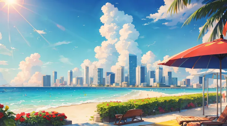 Scenery, City , Skyscrapers , Beach , Summer , Umbrella , Sky , Day, , Sun , Breeze ,  masterpiece , best quality, high quality