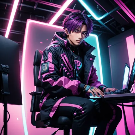 A male  anime character wearing a colourful cyberpunk in a studio ready to talk, facing center and portrait to the camera. Sitting on a chair using a computer. Sitting on a chair with a table in front of him.facing me and facing portrait and straight to th...