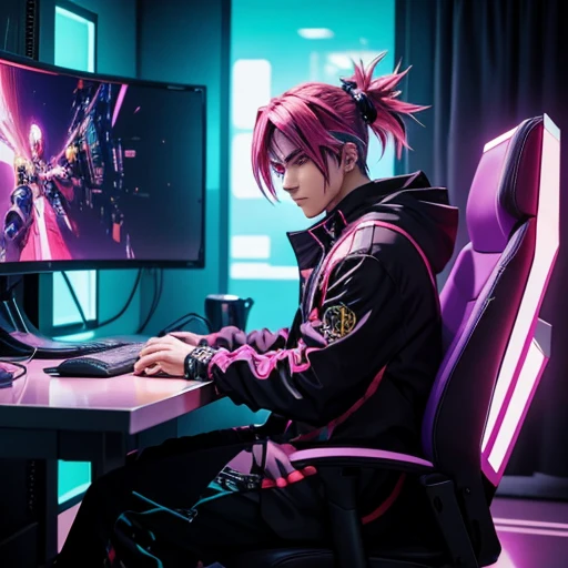 A male  anime character wearing a colourful cyberpunk in a studio ready to talk, facing center and portrait to the camera. Sitting on a chair using a computer. Sitting on a chair with a table in front of him.facing me and facing portrait and straight to th...