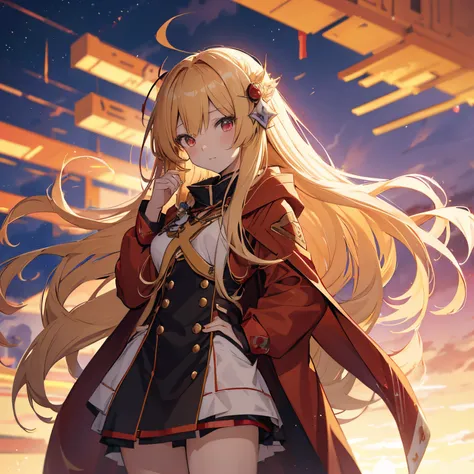 anime girl with long blonde hair and red cape standing in front of a sunset, blonde anime girl with long hair, anime style 4 k, anime girl with long hair, ayaka genshin impact, badass anime 8 k, portrait anime girl, beautiful anime girl, azur lane style, f...