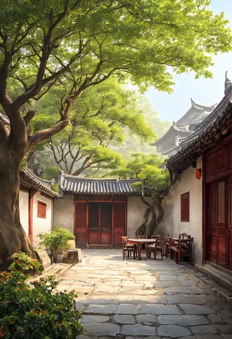 ancient china, Suzhou ancient house with an indoor yard, low white wall surrounding the yard, a semicircle door on the wall, on the left side of the yard there is only a big crape myrtle tree, under the tree there are stone chairs and a table, some sparrow...